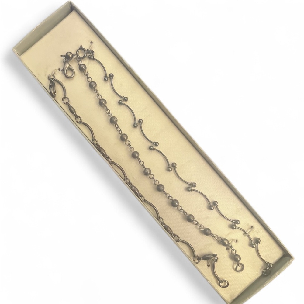 Vintage Bracelet Jewelry Set of 3 Silver Tone Ball Link Chain & Barbel Style